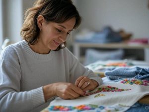 A women doing embroidery