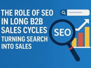 Thumbnail image illustrating SEO's role in long B2B sales cycles with search icons, a magnifying glass labeled "SEO," and a rising bar chart.