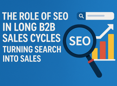Thumbnail image illustrating SEO's role in long B2B sales cycles with search icons, a magnifying glass labeled "SEO," and a rising bar chart.
