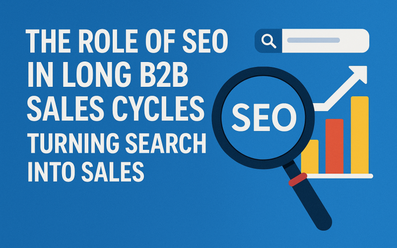Thumbnail image illustrating SEO's role in long B2B sales cycles with search icons, a magnifying glass labeled "SEO," and a rising bar chart.
