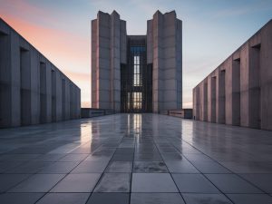Modern concrete building with a sleek geometric design and polished surface reflecting the sunset sky