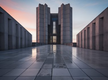 Modern concrete building with a sleek geometric design and polished surface reflecting the sunset sky