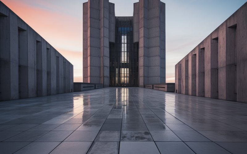 Modern concrete building with a sleek geometric design and polished surface reflecting the sunset sky
