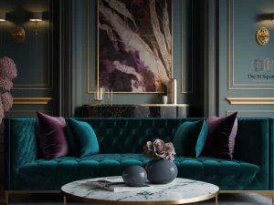 A luxurious interior design featuring a deep teal velvet sofa, gold accents, and an abstract painting in a sophisticated living room.