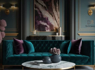 A luxurious interior design featuring a deep teal velvet sofa, gold accents, and an abstract painting in a sophisticated living room.