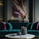 A luxurious interior design featuring a deep teal velvet sofa, gold accents, and an abstract painting in a sophisticated living room.
