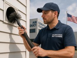 Technician performing Air Conditioning Duct Cleaning to improve indoor air quality and HVAC efficiency