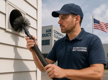 Technician performing Air Conditioning Duct Cleaning to improve indoor air quality and HVAC efficiency