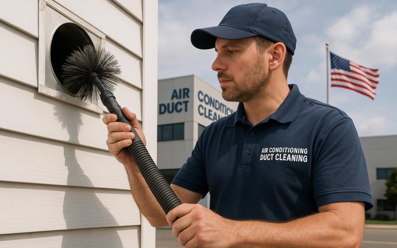 Technician performing Air Conditioning Duct Cleaning to improve indoor air quality and HVAC efficiency