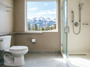 Modern accessible bathroom with stainless steel grab bars near toilet and walk-in shower, featuring scenic Colorado Rocky Mountain view through window, professional home safety modification for seniors aging in place